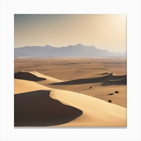 Vast desert with sand dunes and a lone oasis in the distance, hot sun and clear blue sky, peaceful, serene, desertscape, high resolution Canvas Print