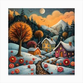 Winter Village, Naive, Whimsical, Folk Canvas Print