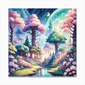 A Fantasy Forest With Twinkling Stars In Pastel Tone Square Composition 389 Canvas Print