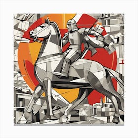 Knight On Horse Monochrome Cubism Style Canvas Print