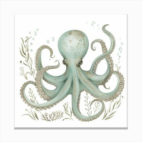 Cute Storybook Style Octopus With Plants 1 Canvas Print
