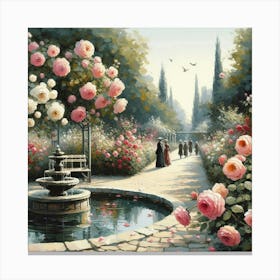 Roses In The Garden With The Fountain, Acrylic Style Painting 7 Canvas Print