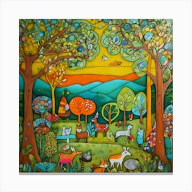 Art Drawing Forest And Animalss Scene Folk Art Sty (3) Canvas Print