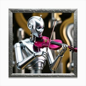 A Futuristic Robot Playing A Fuchsia Violin, Inspired By The Surrealism Of Salvador Dalí, With A Metallic Silver And Gold Palette, Where The Robot Is The Only Thing In Focus, With Everything Else Blurred Into Abstract Shapes Canvas Print