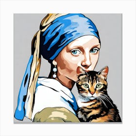 Girl With The Pearl And Cat Canvas Print