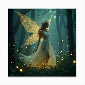 A Beautiful, Ethereal Nymph Surrounded By A Swirl Of Glowing Fireflies In A Forest Canvas Print