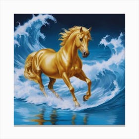 Golden Horse In The Ocean Waves Canvas Print