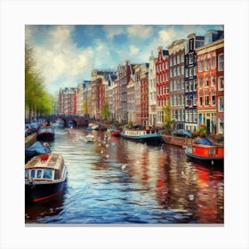 Amsterdam Canals - A canal scene in Amsterdam, with colorful houses lining the banks and boats floating by. The scene is rendered in a realistic, painterly style 3 Canvas Print
