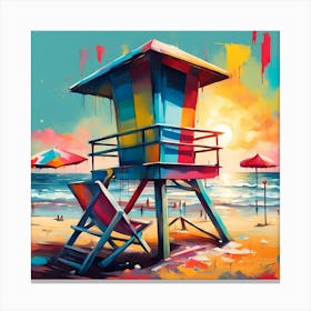Lifeguard Tower Floating Umbrellas And The Parade Of Beachgoers Canvas Print