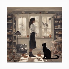 Girl And A Cat Canvas Print