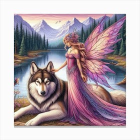 Fairy by the lake with a wolf  Canvas Print