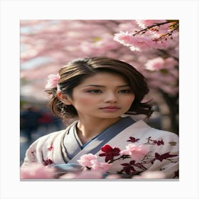 Asian Woman In Cherry Blossoms Canvas Print