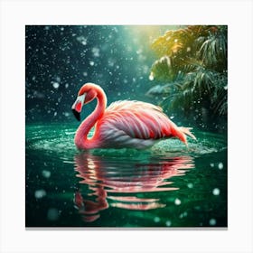 Firefly Green, Soft, Plush, Flamingo, Swimming, Transparent, Glass Lake, Sunlight, Snow, Falling, Re (2) Canvas Print