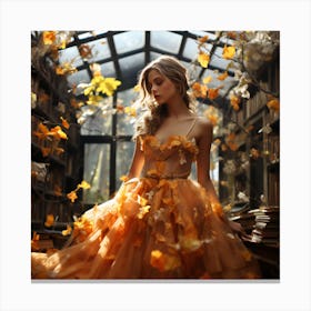 Autumn in the Attic: Pastel-Colored Leaves and the Lady of Yesteryear Canvas Print