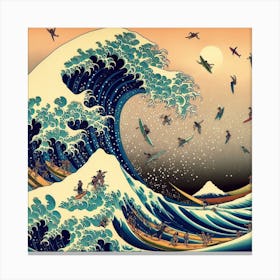 Inspired by Hokusai: The Great Wave's Embrace - Surfers Dancing with Eternity 1 Canvas Print