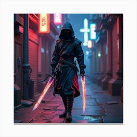 Ninja Fighter With A Watercolor Blade In A Neon Lit Alley 1 Canvas Print