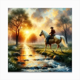 Cowboy Riding Across A Stream 6 Copy Canvas Print