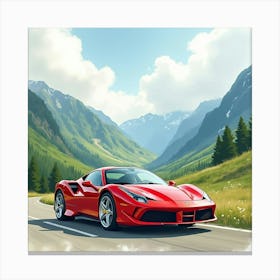 Ferrari In A Watercolor Scenic Mountain Valley With Gentle Clouds 1 Canvas Print