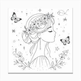 A Simple and Elegant Line Art Portrait of a Girl with Pearl Earrings and a Flower Crown, Surrounded by Butterflies and Stars Canvas Print