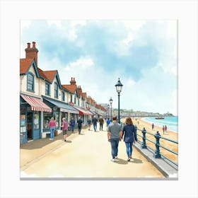 A Watercolor Of An English Seaside Town With People Exploring The Boardwalk And Shops 1 Canvas Print