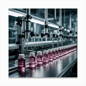 Pink Bottles On A Production Line Canvas Print