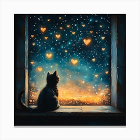 Dreamy Night Sky with Heart Stars Cat 1 Canvas Print