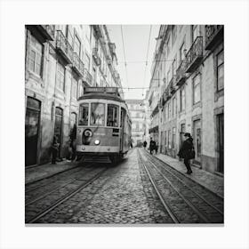 Black And White Photo Lisbons Vintage Tramway Weaving Through Narrow Historic City Streets Tram D (5) Canvas Print