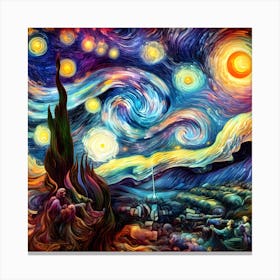 scene blending the swirling cosmic colors of Vincent van Gogh's Starry Night with the surreal celestial precision of Salvador Dalí 2 Canvas Print