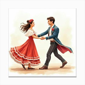 Spanish Dancers In Traditional Costumes, Painted In Soft Watercolor Hues Canvas Print