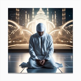 Muslim Man Praying In Front Of Mosque Canvas Print