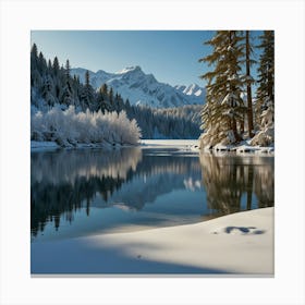 A Serene Winter Landscape With Snow Covered Trees, Frozen Lakes, And A Clear Blue Sky 2 Canvas Print