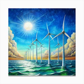 Wind Turbines In The Ocean At Sunset Canvas Print