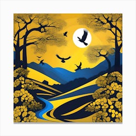 Blue and Yellow Landscape With Trees Canvas Print