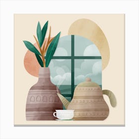 A Tea and a Houseplant by the Window Watercolor Canvas Print