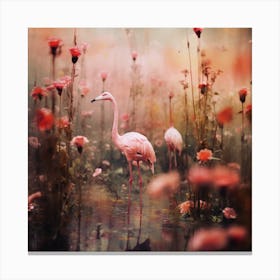Pink Flamingos In A Flower Field Canvas Print