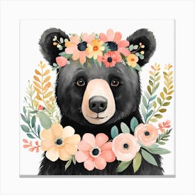 Floral Baby Black Bear Nursery Illustration (7) Canvas Print