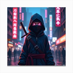 Ninja Master In Neon Cityscape, Colorful Lights Glowing 1 Canvas Print