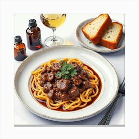 Watercolor Depiction Of A Savory And Hearty Beef Bourguignon On A Stylish Restaurant Table Canvas Print