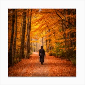 Man Walking In The Autumn Forest Canvas Print