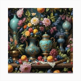 Table With Fruit And Vases Canvas Print