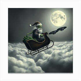 Green Santa Claus Over Clouds Canvas Print