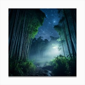 Bamboo Forest Under A Starry Midnight Sky With Dense Fog Weaving Through The Grove Captured Live Ac Canvas Print