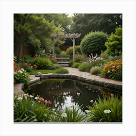 A Peaceful Garden With Blooming Flowers, A Small Pond, And A Wooden Bench 2 Canvas Print