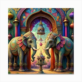 Two Ornate Elephants Under A Colorful Archway Canvas Print