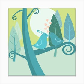 Birds Love Branch Cartoon Forest Heart Kiss Moon Tree Valentine Nature Couple Canvas Print