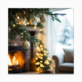 Festive Christmas Tree Branch Feeling Warmth And Dance With The Soft Glowing Ornaments Placed Aloft Canvas Print