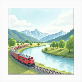 Watercolor Train Scene With Distant Mountains And Gentle River 1 Canvas Print