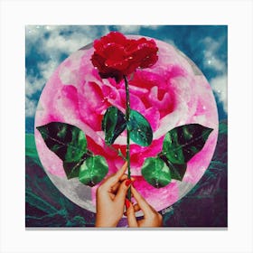 English Rose And Moon Collage Square Canvas Print