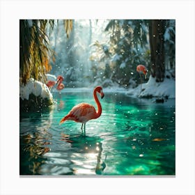 Plush Green Flamingo Swimming In A Transparent Glass Lake Sunlight Filtering Through Snow That Is Canvas Print