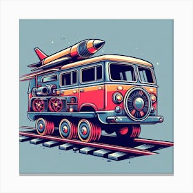 retro Bus With train wheels and Rocket Canvas Print